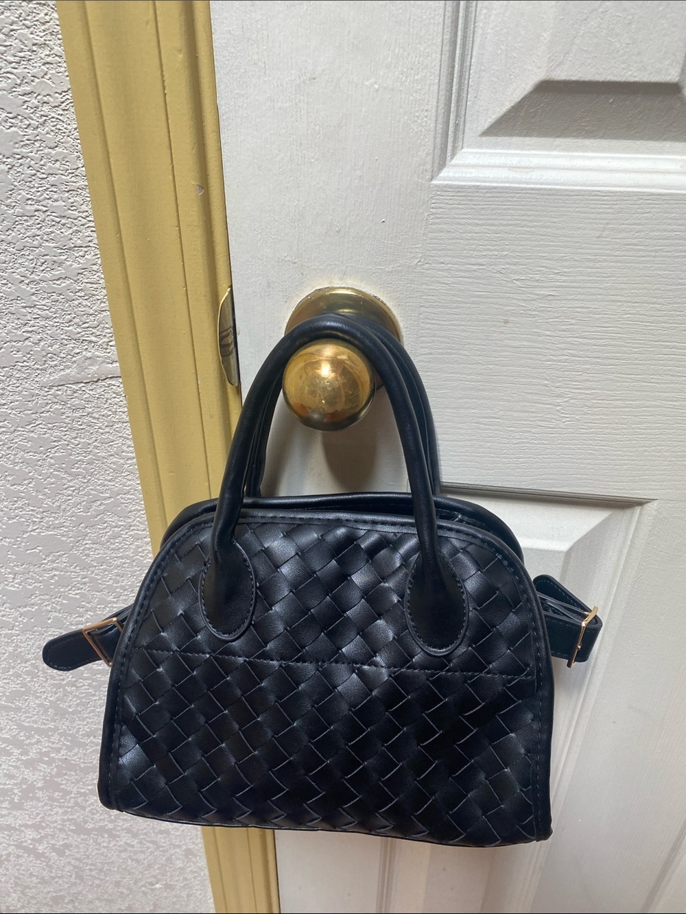 Woven Black Leather Satchel Handbag - Brand Unspecified
